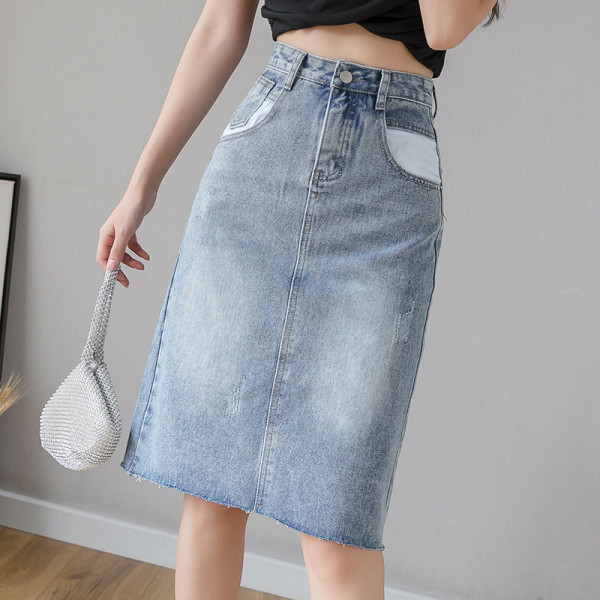 Актуална дамска дънкова пола с джобове и висока талия