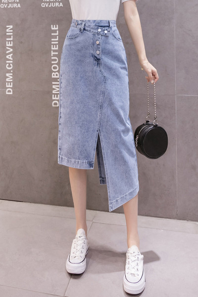 Дамска асиметрична дънкова пола с висока талия и джобове