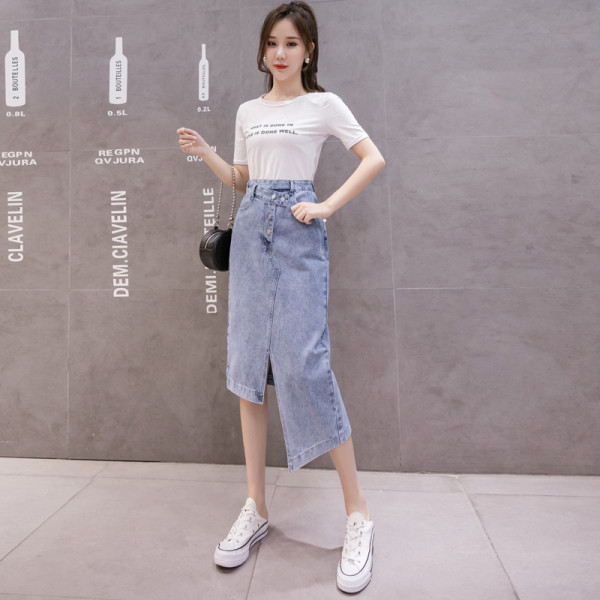 Дамска асиметрична дънкова пола с висока талия и джобове