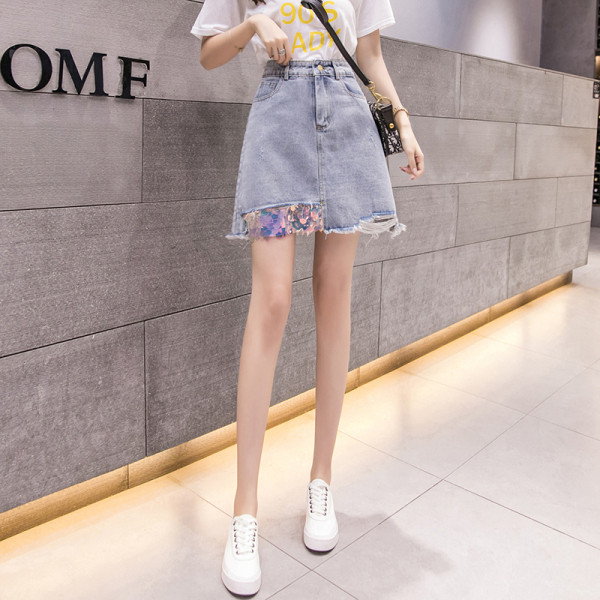 Дамска дънкова пола с пайети и висока талия