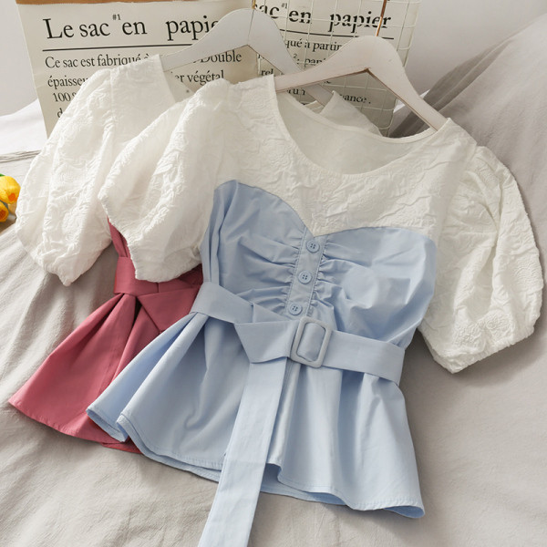 Модерна дамска риза с къс ръкав и колан 