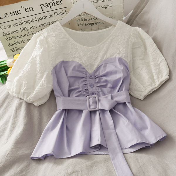 Модерна дамска риза с къс ръкав и колан 