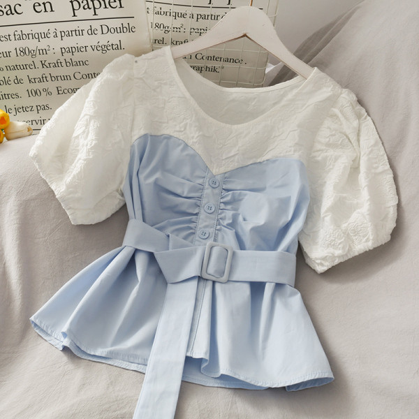 Модерна дамска риза с къс ръкав и колан 