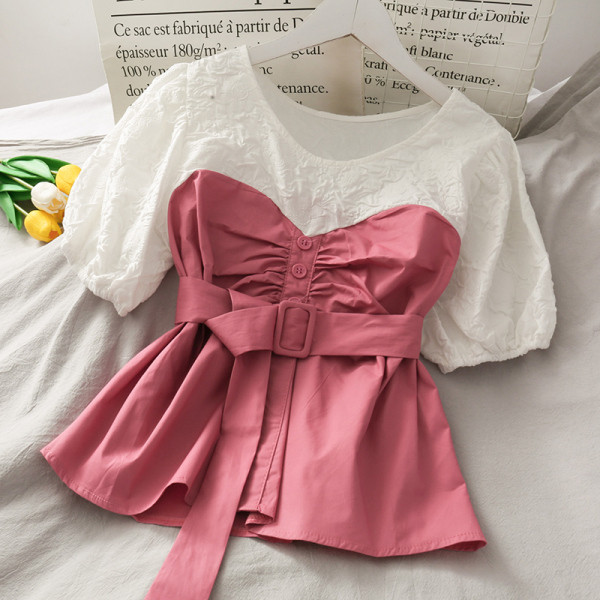 Модерна дамска риза с къс ръкав и колан 