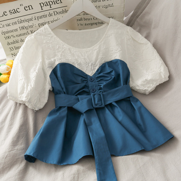 Модерна дамска риза с къс ръкав и колан 