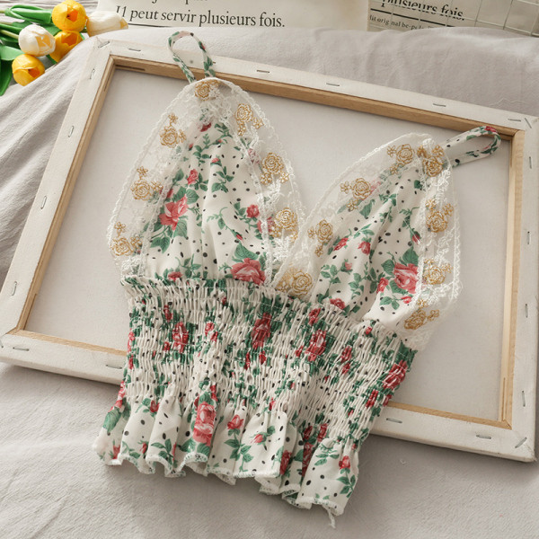 Флорален дамски потник с дантелени елементи и тънки презрамки 