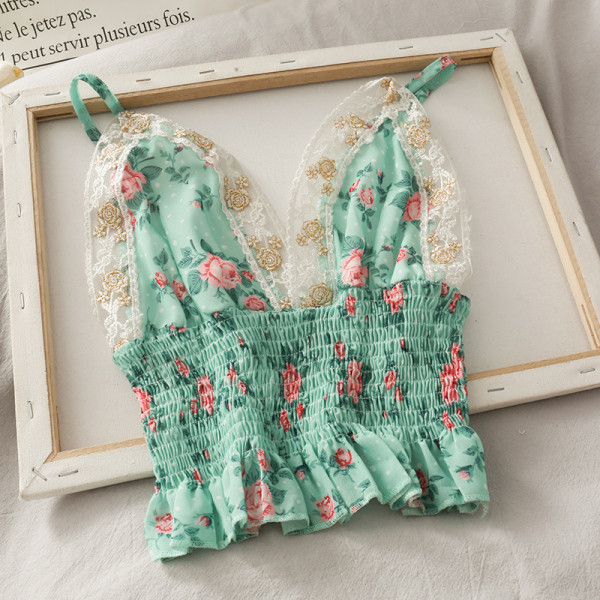 Флорален дамски потник с дантелени елементи и тънки презрамки 