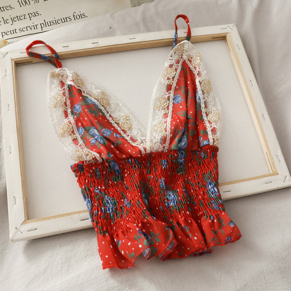 Флорален дамски потник с дантелени елементи и тънки презрамки 