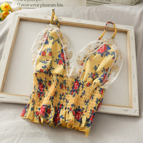 Флорален дамски потник с дантелени елементи и тънки презрамки 