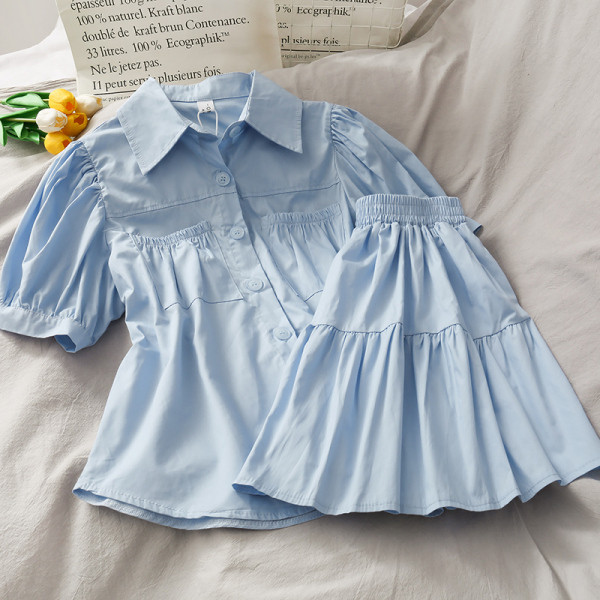 Дамски комплект от риза с класическа яка и пола с висока талия 