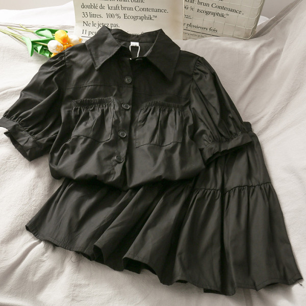 Дамски комплект от риза с класическа яка и пола с висока талия 