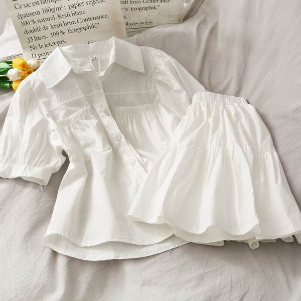 Дамски комплект от риза с класическа яка и пола с висока талия 