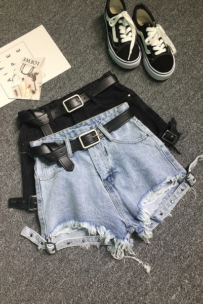 Дамски къси дънки с висока талия и разкъсани мотиви 