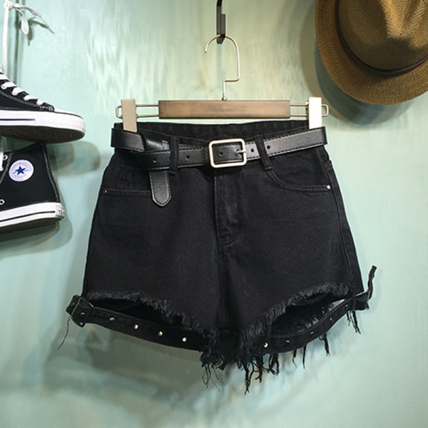 Дамски къси дънки с висока талия и разкъсани мотиви 