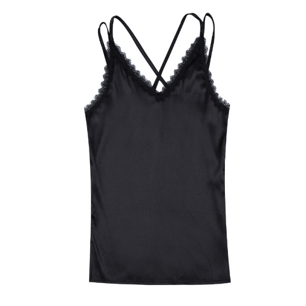 Дамски сатенен потник с V-образно деколте и дантела