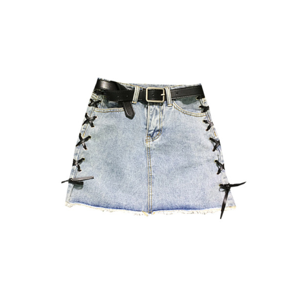 Актуална дамска дънкова пола с висока талия и елемент -връзки 