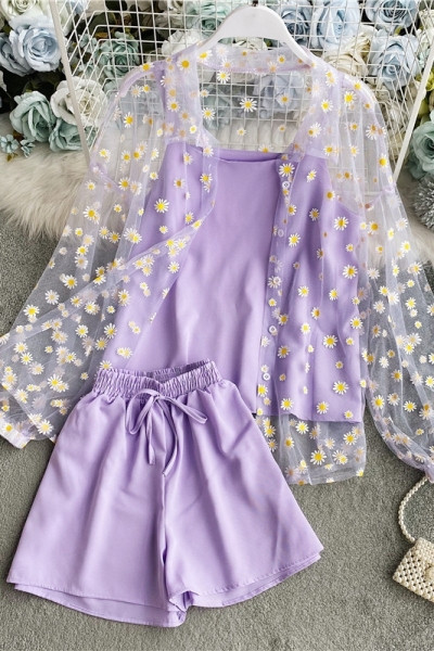 Летен дамски комплект от три части с флорални мотиви