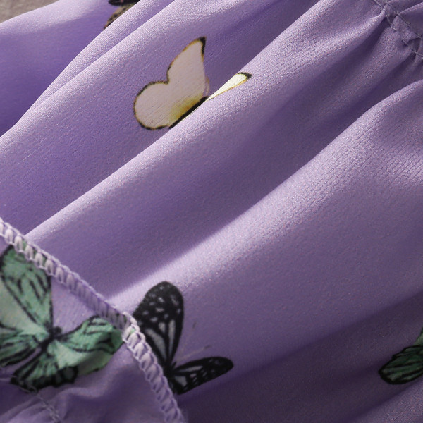 Лилава дамска рокля с принт-пеперуди