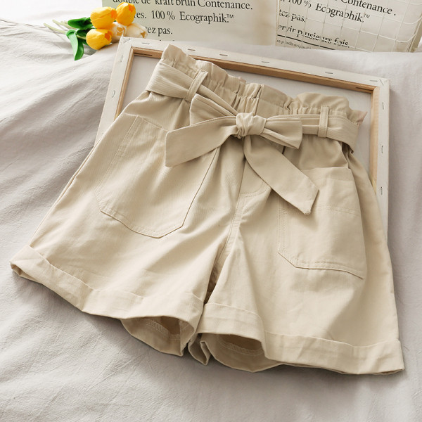 Дамски къси панталони с висока талия и колан - широк модел