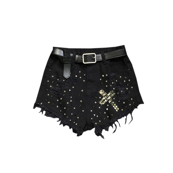 Дамски къси  панталони с висока талия и метални нитове 