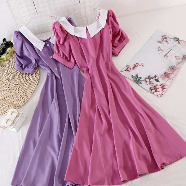 Дълга ретро рокля с къс ръкав и яка 