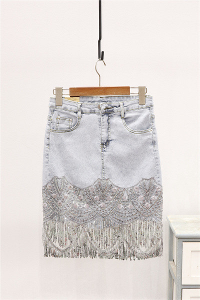 Дамска дънкова пола с висока талия и пайети