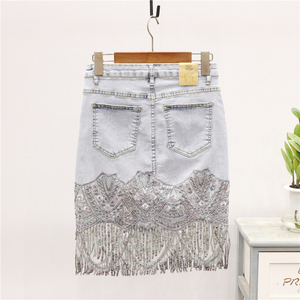 Дамска дънкова пола с висока талия и пайети