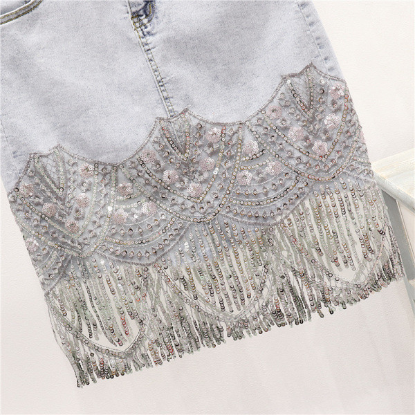 Дамска дънкова пола с висока талия и пайети