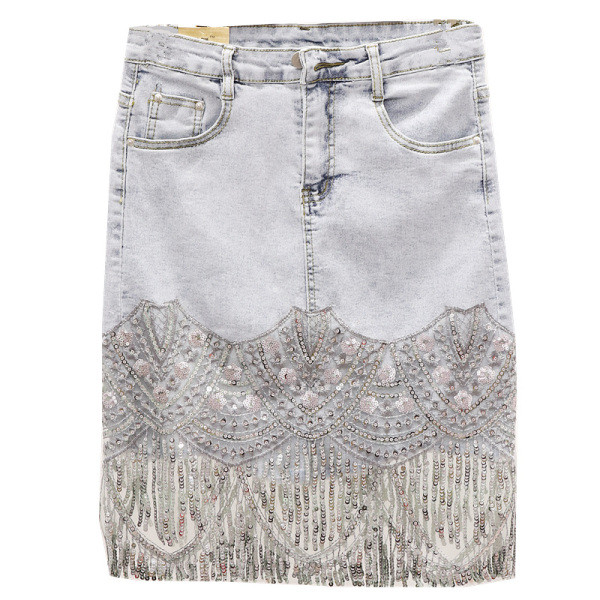 Дамска дънкова пола с висока талия и пайети