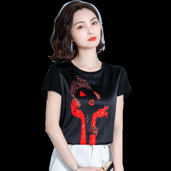 Сатенена дамска тениска с обло деколте и къс ръкав