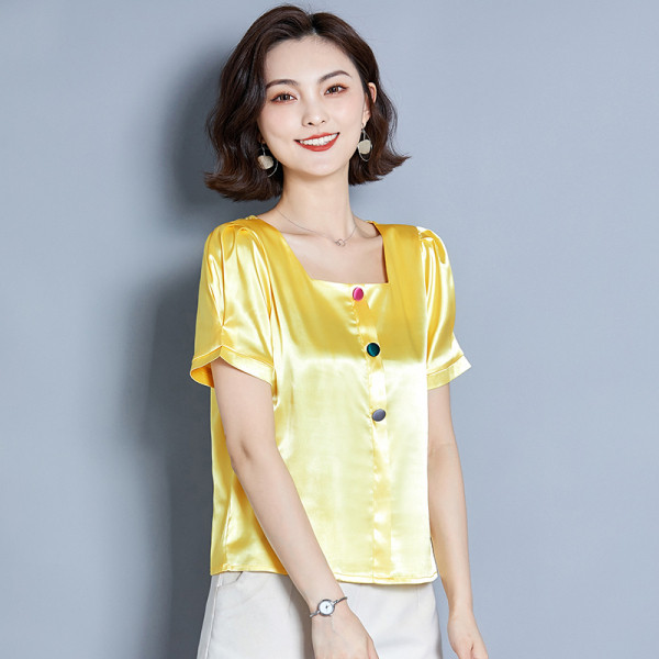 Стилна дамска риза с квадратно деколте и къс ръкав