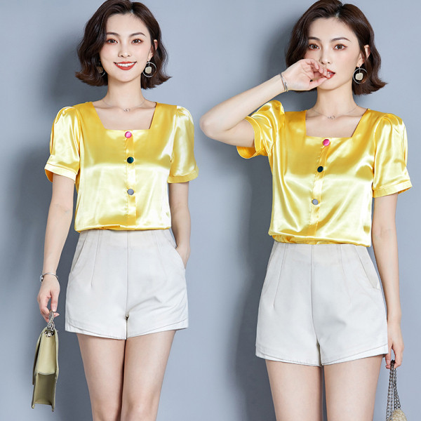 Стилна дамска риза с квадратно деколте и къс ръкав