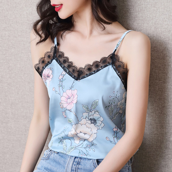 Aktuelna ženska majica bez rukava sa cvjetnim motivima i čipkom