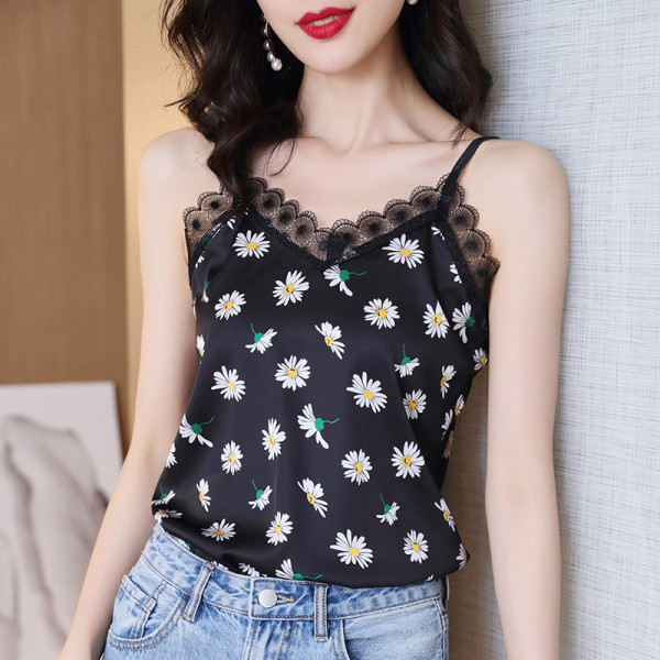 Aktuelna ženska majica bez rukava sa cvjetnim motivima i čipkom