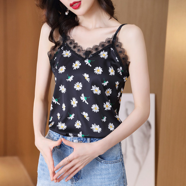 Aktuelna ženska majica bez rukava sa cvjetnim motivima i čipkom