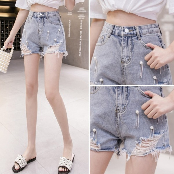 Blugi scurti de dama cu motive rupte si perle