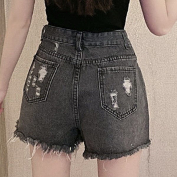 Pantaloni scurți de damă din denim cu motive rupte și talie înaltă