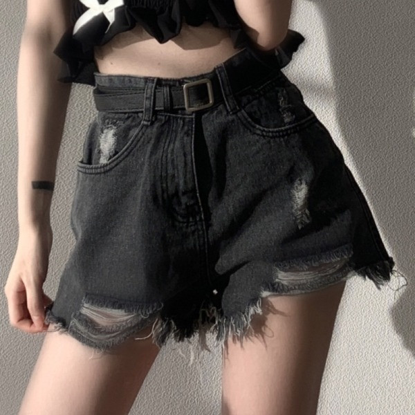 Pantaloni scurți de damă din denim cu motive rupte și talie înaltă