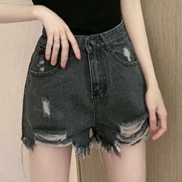 Pantaloni scurți de damă din denim cu motive rupte și talie înaltă