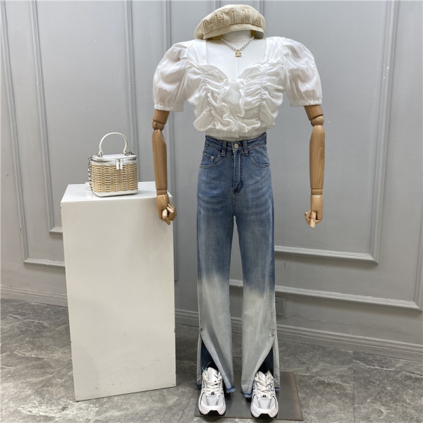 Model nou de blugi de dama de culoare irizata cu talie inalta si crapaturi