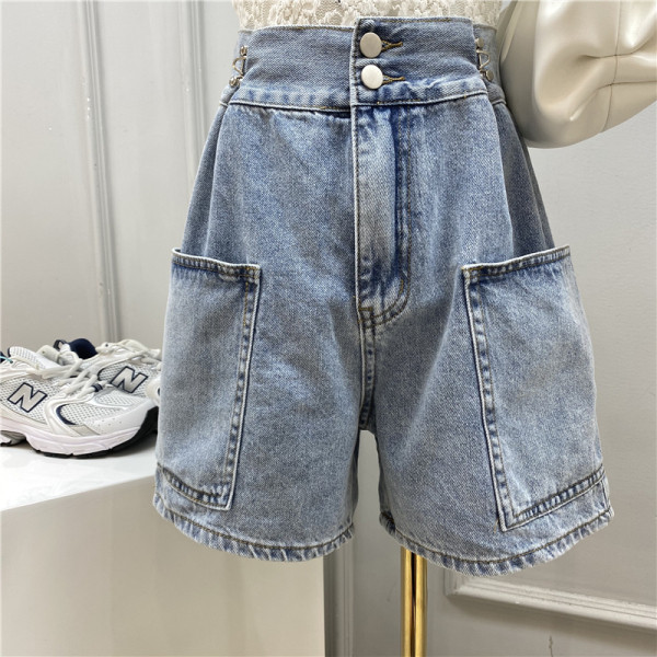 Pantaloni scurți de damă la modă, cu talie înaltă și buzunare laterale