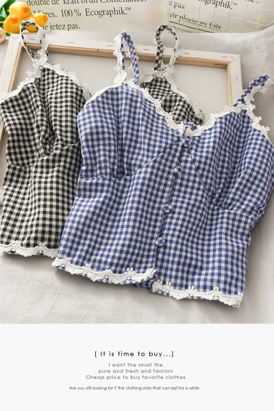 Sieviešu rūtains tops ar plānām lencēm un mežģīņu elementiem