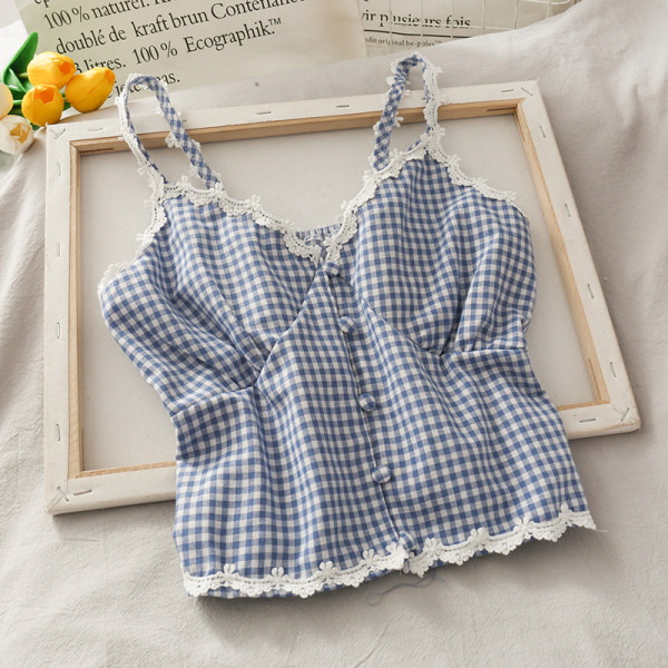 Sieviešu rūtains tops ar plānām lencēm un mežģīņu elementiem