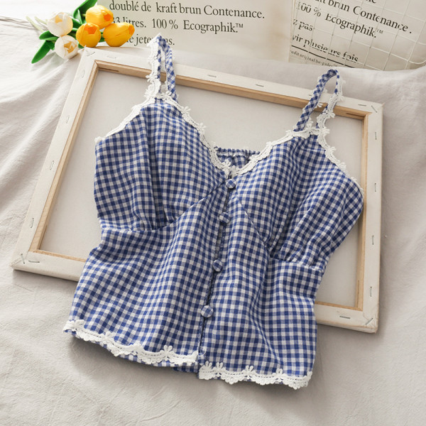 Sieviešu rūtains tops ar plānām lencēm un mežģīņu elementiem