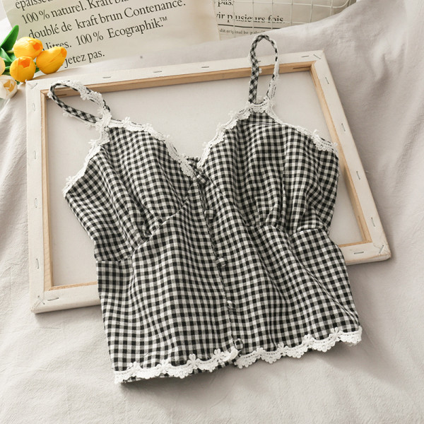 Sieviešu rūtains tops ar plānām lencēm un mežģīņu elementiem
