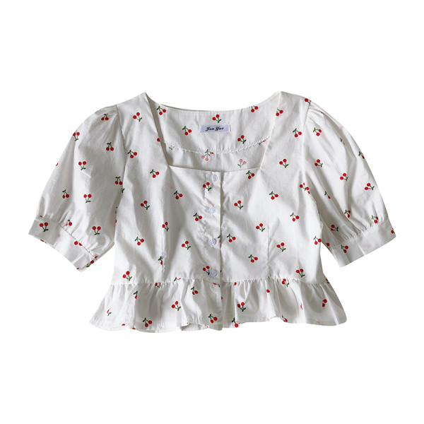 Retro stila sieviešu krekls ar īsām piedurknēm un kvadrātveida kakla izgriezumu