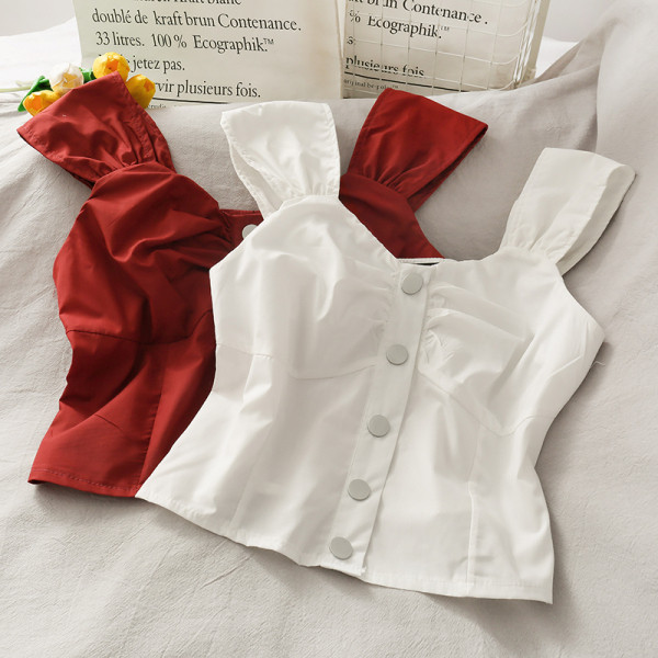 Maieu modern de șifon de damă, cu bretele și nasturi largi