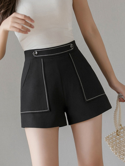 Модерни дамски  къси панталони с джобове и висока талия 