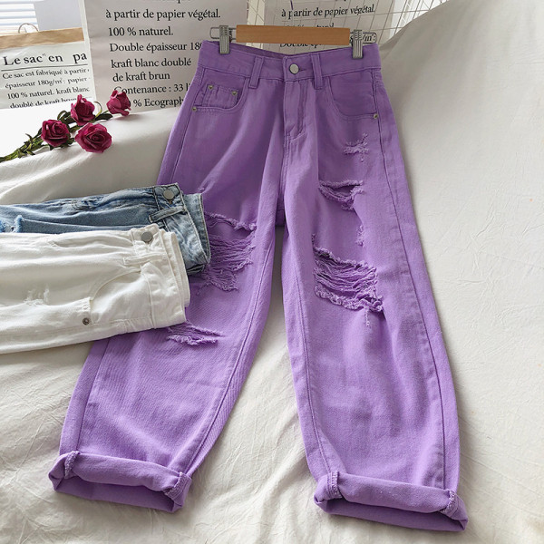 Kõrge vöökoha ja rebenenud motiividega vabaaja naiste teksapükste lai mudel