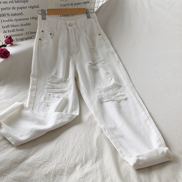 Kõrge vöökoha ja rebenenud motiividega vabaaja naiste teksapükste lai mudel